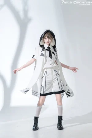 White lolita futuristic uniform set full-body front view arms spread model wearing complete three-piece ensemble with cape and boots