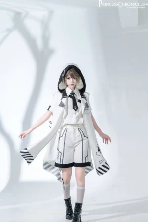 Futuristic white lolita uniform set with hooded cape front full-body view model wearing monochrome ensemble with striped cape hem