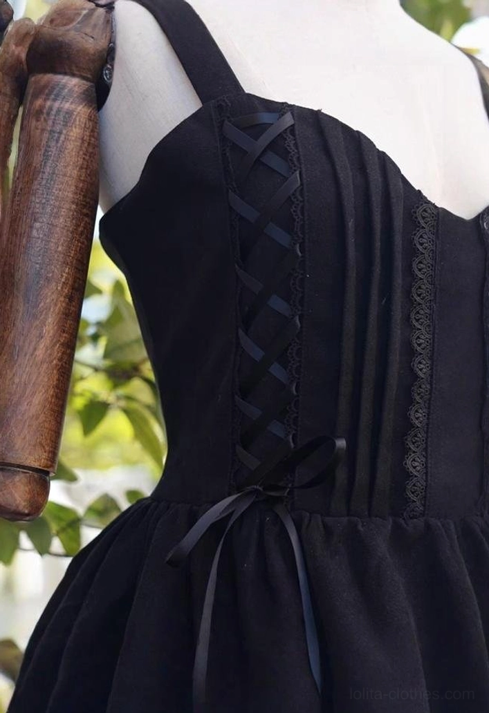 Garden Waltz black lolita JSK close-up side-back detail shot showing shirred back panel lace trim waist ribbon tie corset-style lace-up front bodice fabric texture waist fitting structure engineering white background