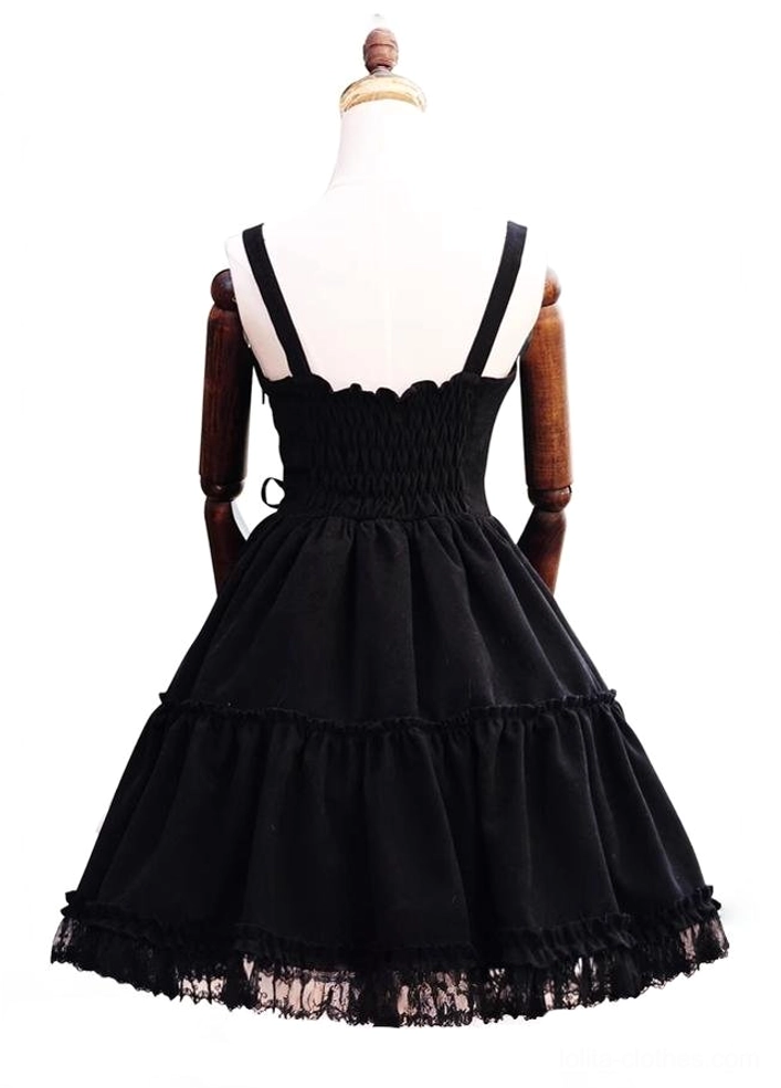 Garden Waltz black lolita JSK dress back full-body mannequin display shot on white background showing engineered shirred back panel better elasticity spaghetti straps tiered lace hem skirt pure black color fabric drape