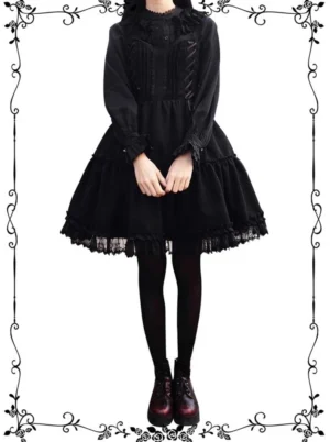 Garden Waltz black lolita JSK dress back full-body model wearing shot showing shirred back panel lace trim waist ribbon tie details pleated bodice tiered lace skirt paired with long-sleeve lace blouse black tights dark red shoes vintage aesthetic