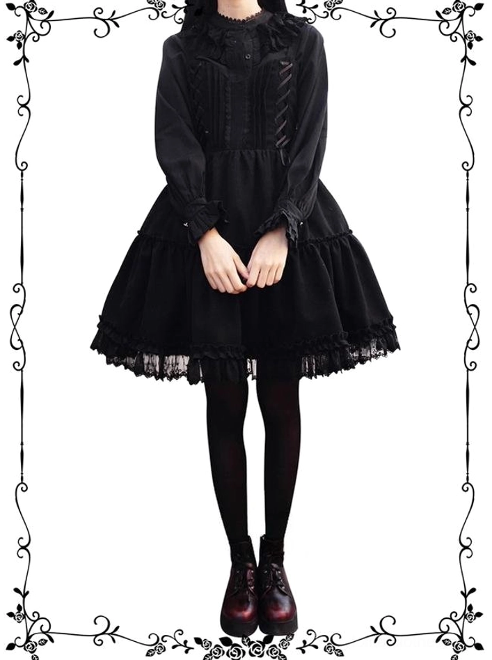 Garden Waltz black lolita JSK dress back full-body model wearing shot showing shirred back panel lace trim waist ribbon tie details pleated bodice tiered lace skirt paired with long-sleeve lace blouse black tights dark red shoes vintage aesthetic