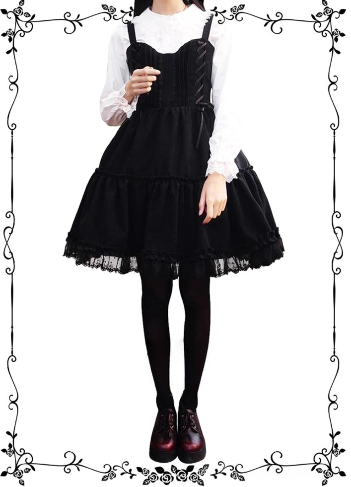 Garden Waltz black lolita JSK jumper skirt front full-body model wearing shot with sweetheart neckline lace-up bodice tiered ruffled lace hem worn with white blouse black stockings burgundy leather shoes vintage floral frame