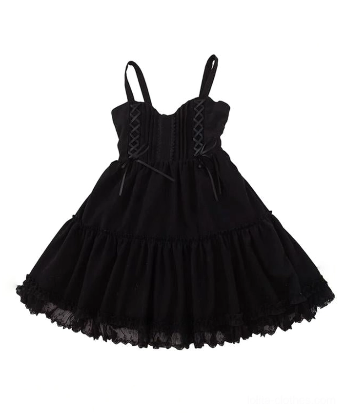 Garden Waltz black lolita JSK dress flat lay top-down display on white background showing sweetheart neckline spaghetti straps lace-up front corset bodice tiered a-line ruffled skirt simple frilled hem solid black color jumper skirt