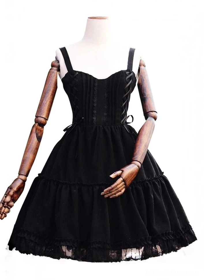 Garden Waltz black lolita JSK dress front full-body indoor mannequin display on white background wooden jointed stand showing sweetheart neckline adjustable spaghetti straps lace-up front bodice neat tailored silhouette tiered lace hem
