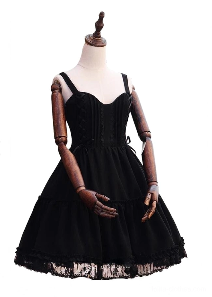 Garden Waltz black lolita JSK dress right front full-body mannequin view on white background with side waist ribbon adjustment details sweetheart neckline lace-up bodice tiered lace hem classic elegant lolita bell-shaped silhouette