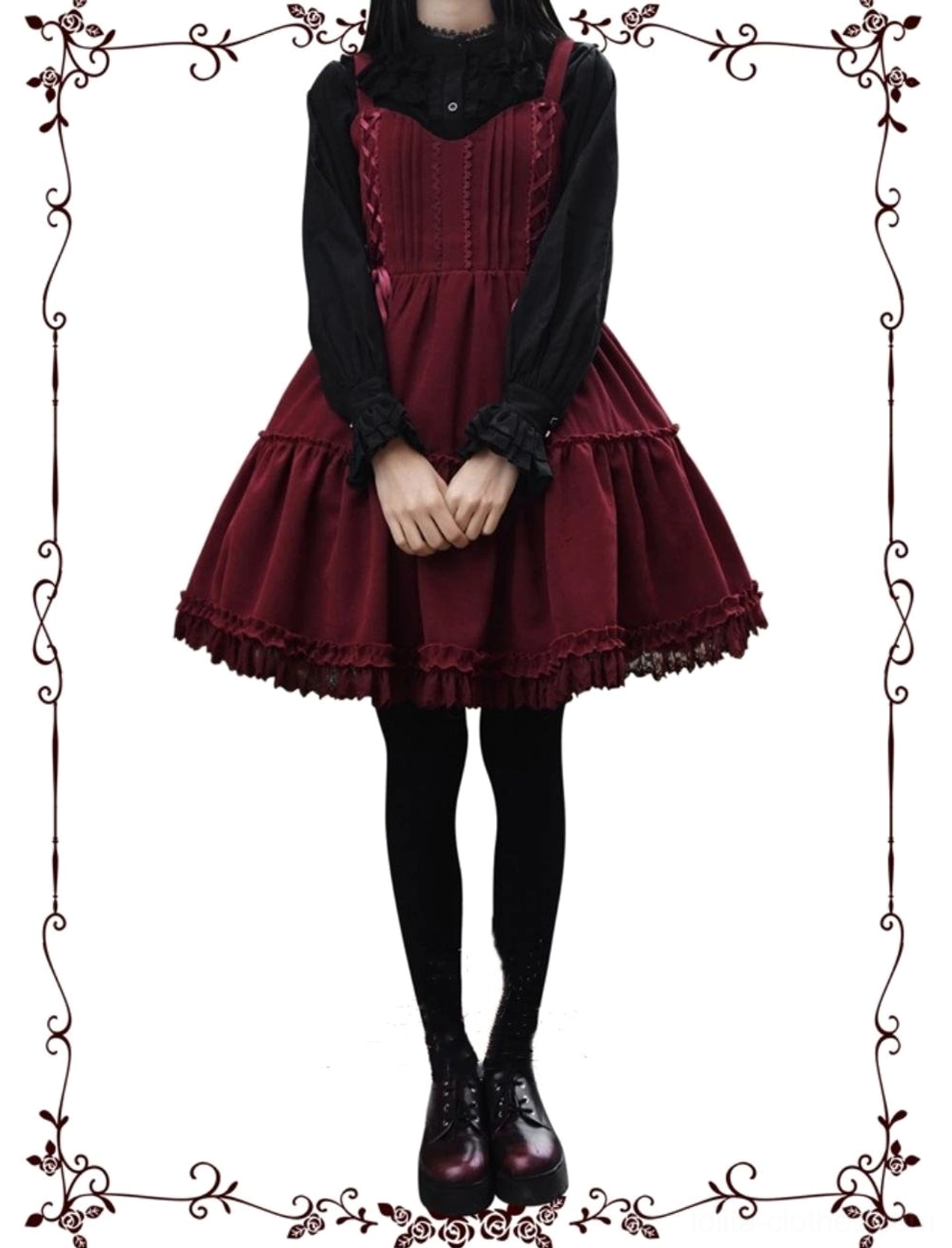 Garden Waltz burgundy velvet lolita jsk back view tiered ruffle skirt lining structure construction quality detail