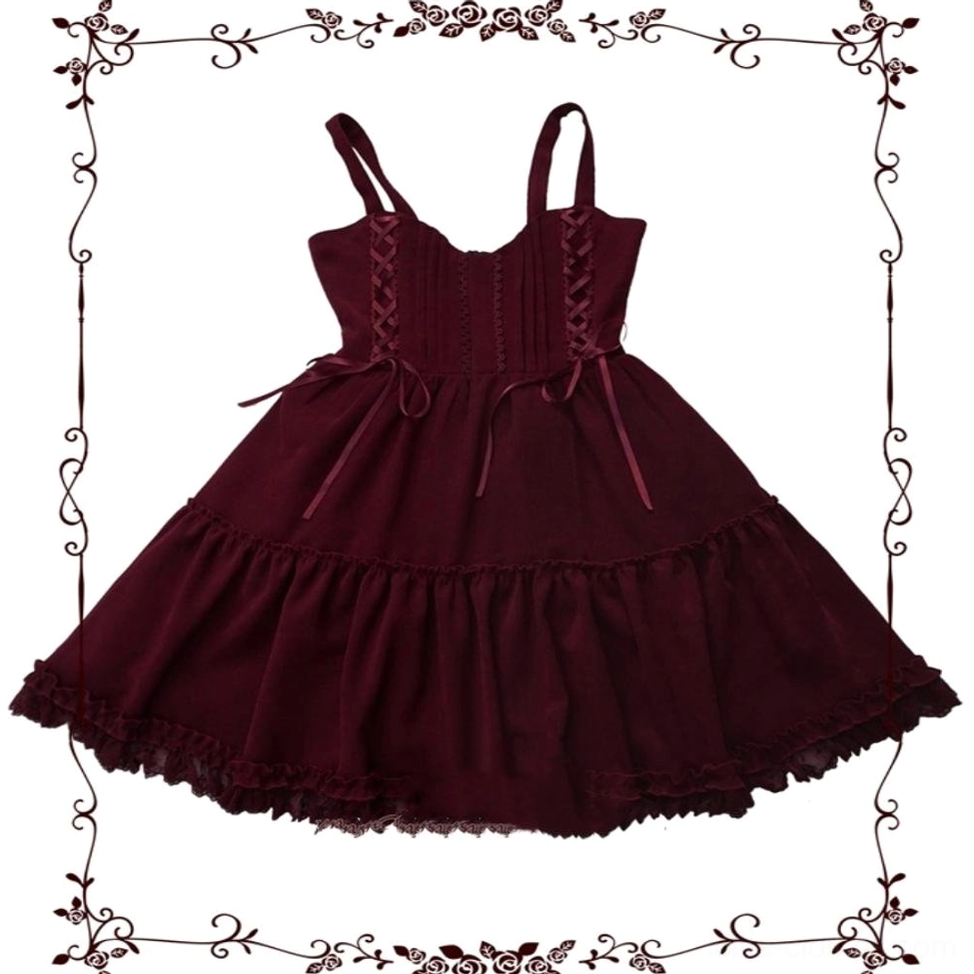 Burgundy velvet lolita jsk flat lay display sweetheart neckline corset front lace-up tiered ruffled skirt hem lace trim details