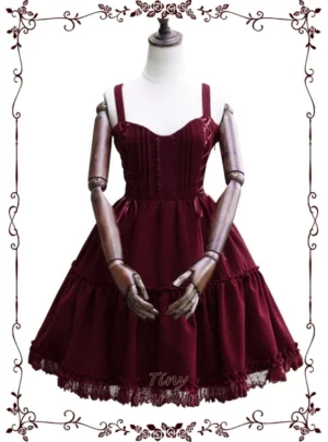 Garden Waltz burgundy velvet lolita jsk jumper skirt front view on mannequin with corset lace-up trim sweetheart neckline tiered ruffle skirt