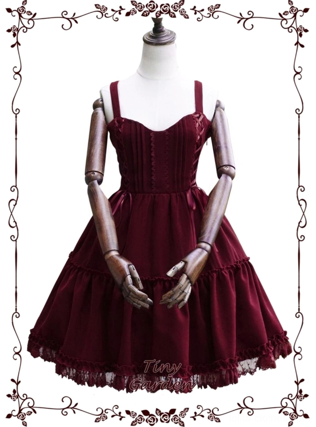 Garden Waltz burgundy velvet lolita jsk jumper skirt front view on mannequin with corset lace-up trim sweetheart neckline tiered ruffle skirt