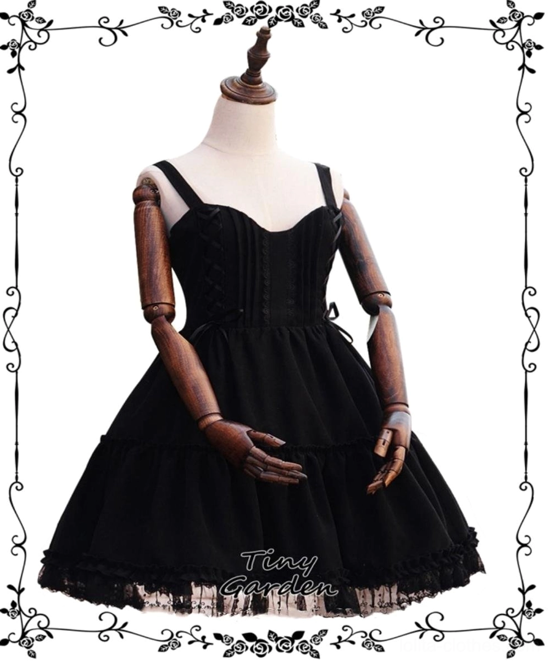 Garden Waltz burgundy velvet lolita jsk jumper skirt close-up detail corset lace-up trim bowknot accent sweetheart neckline