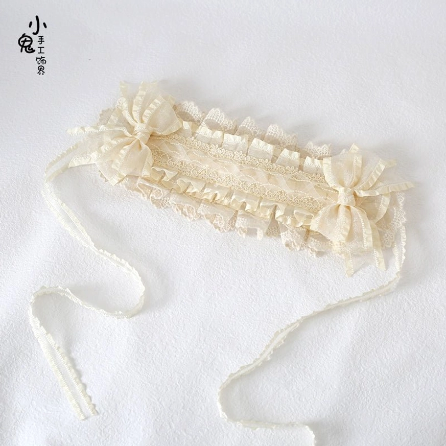 Gathered ivory lace choker headband with satin bow accents and adjustable long satin straps for lolita coordinate