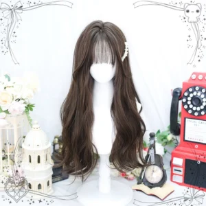 Gentle daily lolita long curly wig ash brown loose wavy hair with air bangs front full view display on white mannequin head with white hairpin vintage romantic background