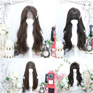 Two styles gentle daily lolita long curly wigs side by side brown and jet black with bangs white mannequin heads vintage decor background