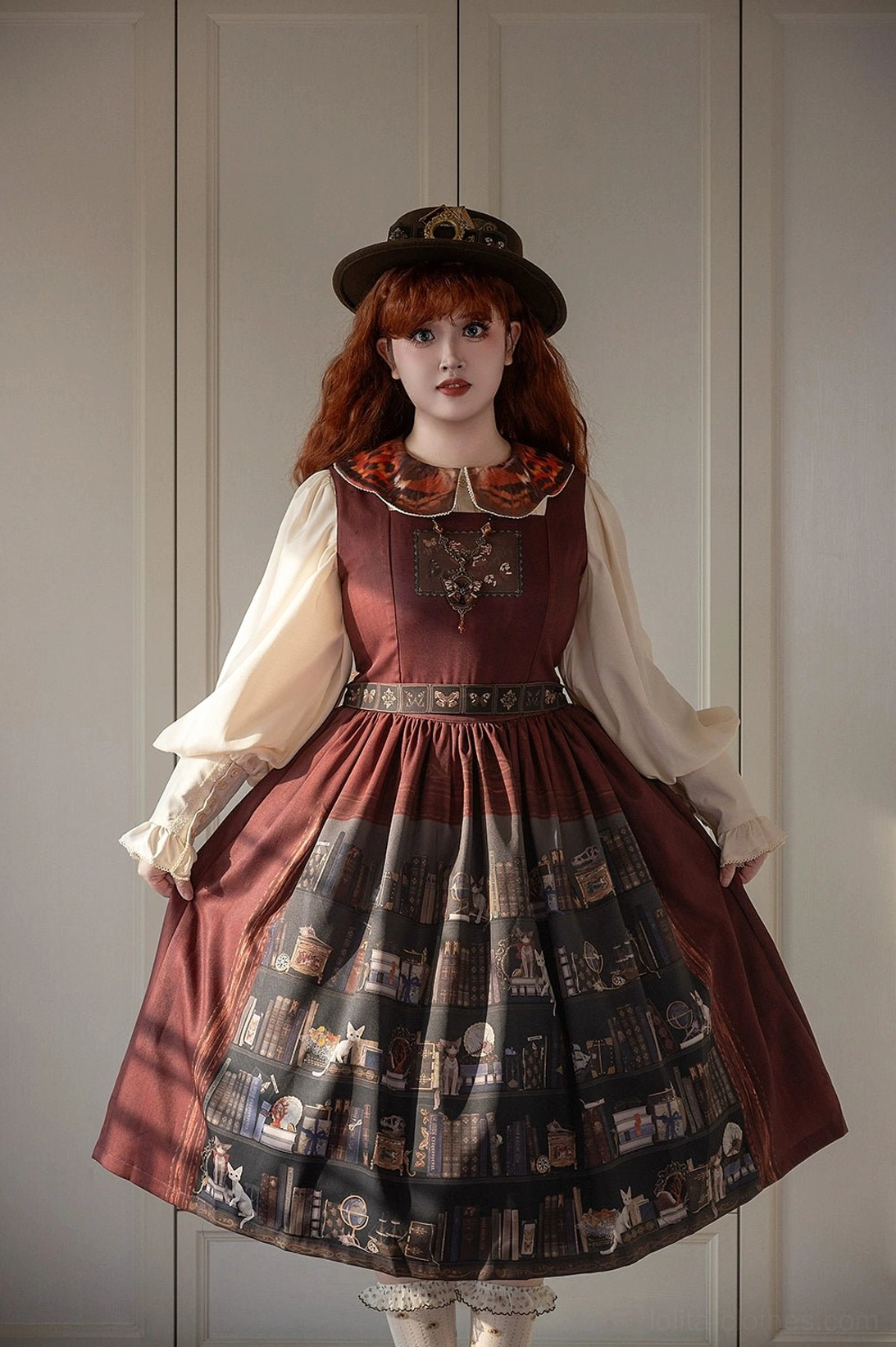 Burgundy German Bookshelf classic Lolita JSK dress with curly red hair model full front view