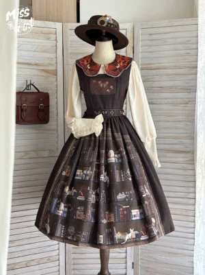 Dark brown German Bookshelf classic Lolita jumper skirt dress with embroidered collar on mannequin