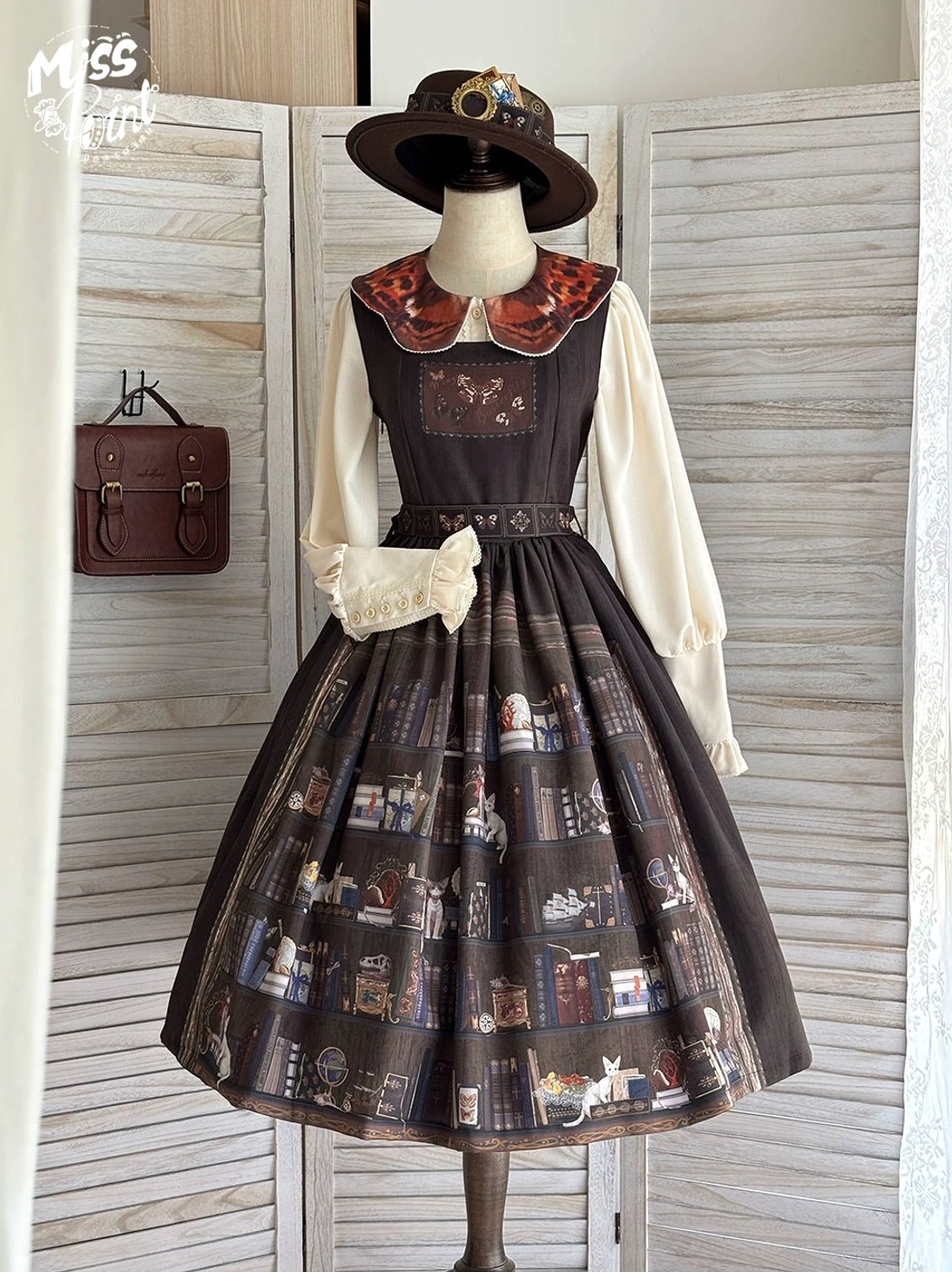 Dark brown German Bookshelf classic Lolita jumper skirt dress with embroidered collar on mannequin