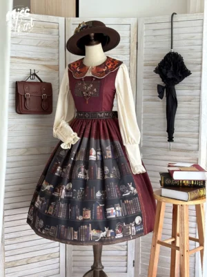 Burgundy German Bookshelf classic Lolita JSK dress with book cat print on dress mannequin front view