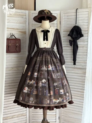 German Bookshelf classic lolita OP dress dark brown front full view on dress form with matching accessories handbag hat umbrella library print skirt