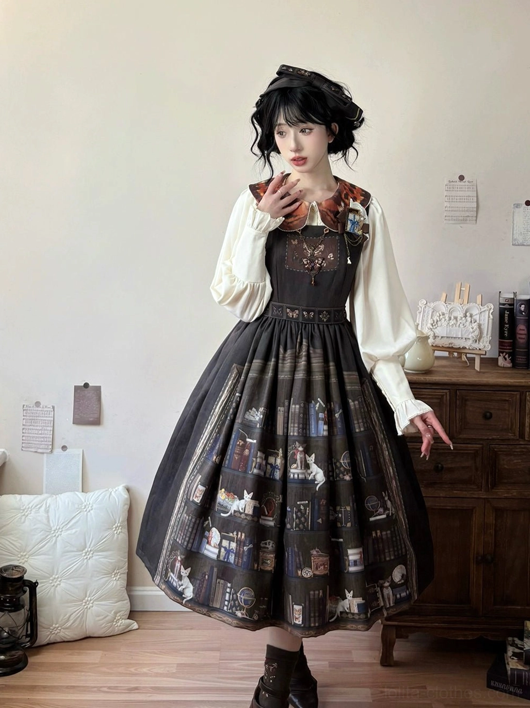 Dark brown German Bookshelf Lolita JSK dress front view model with embroidered collar detail