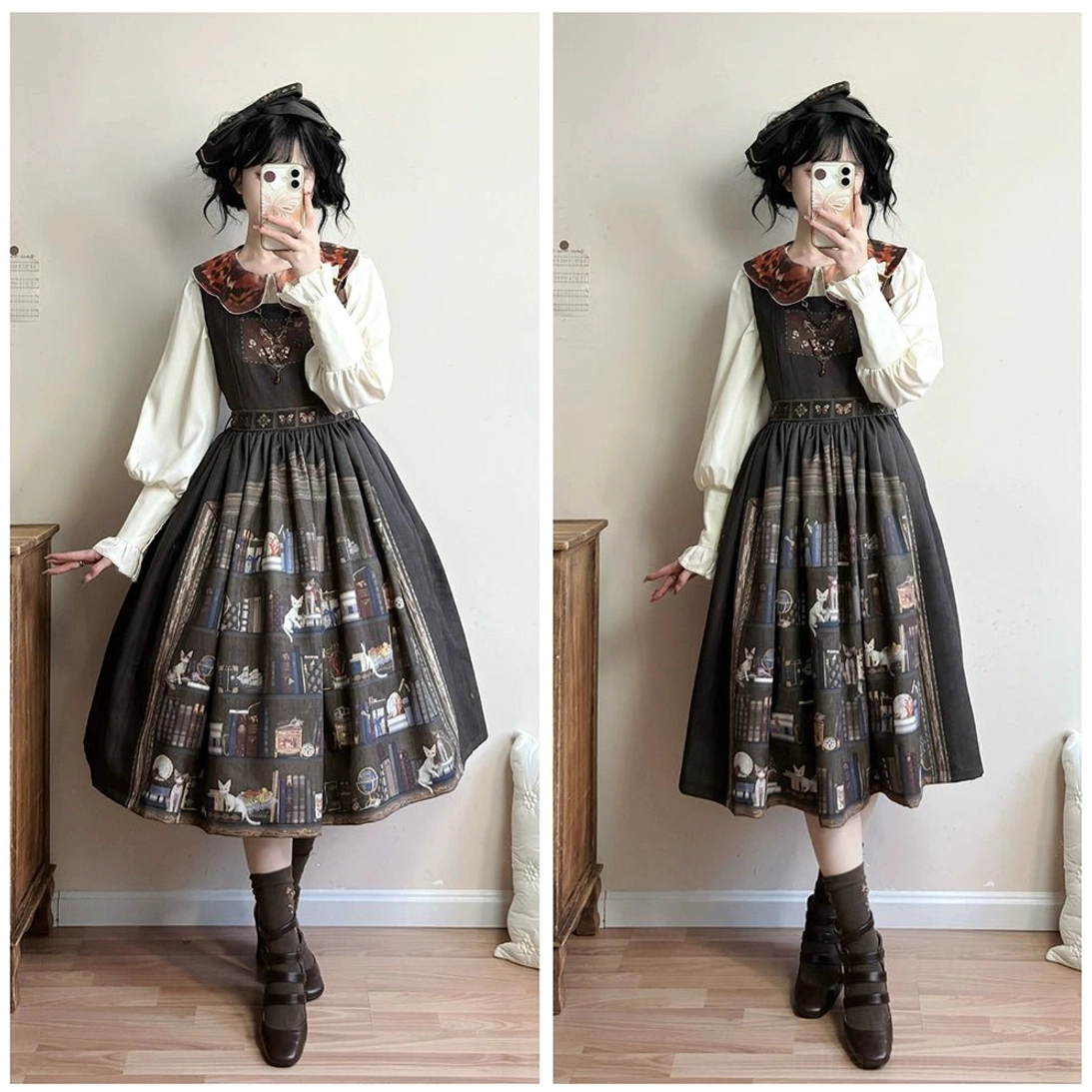 Dark brown German Bookshelf classic Lolita JSK dress side front view with leather boots model