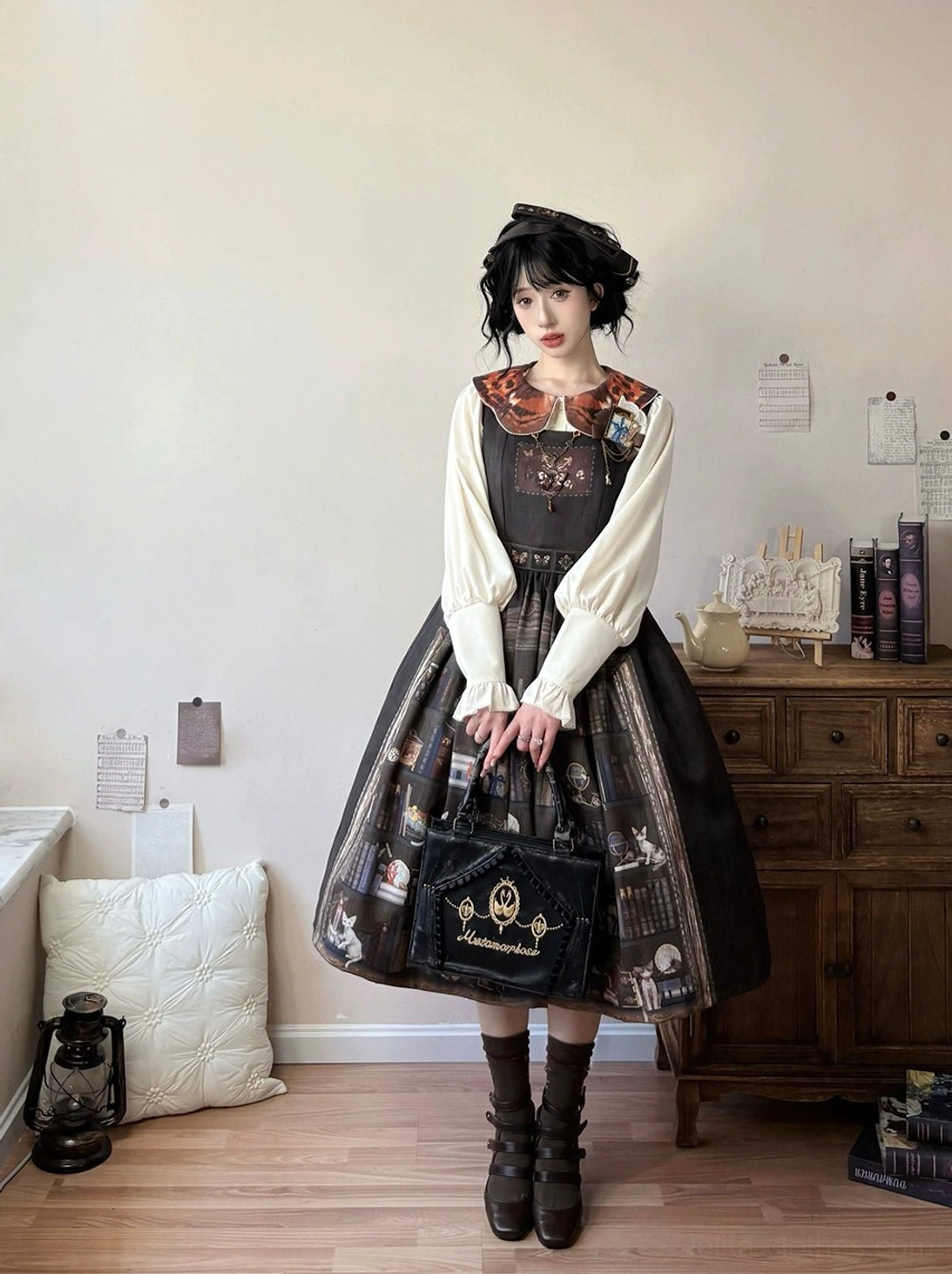 Dark brown classic Lolita JSK dress with black leather handbag matched styling front view model