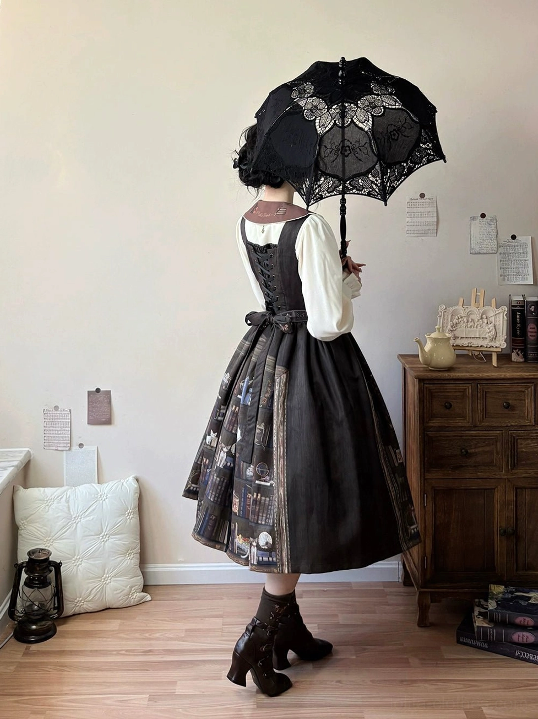 German Bookshelf Lolita jumper skirt dress A-line silhouette waist belt fitted detail
