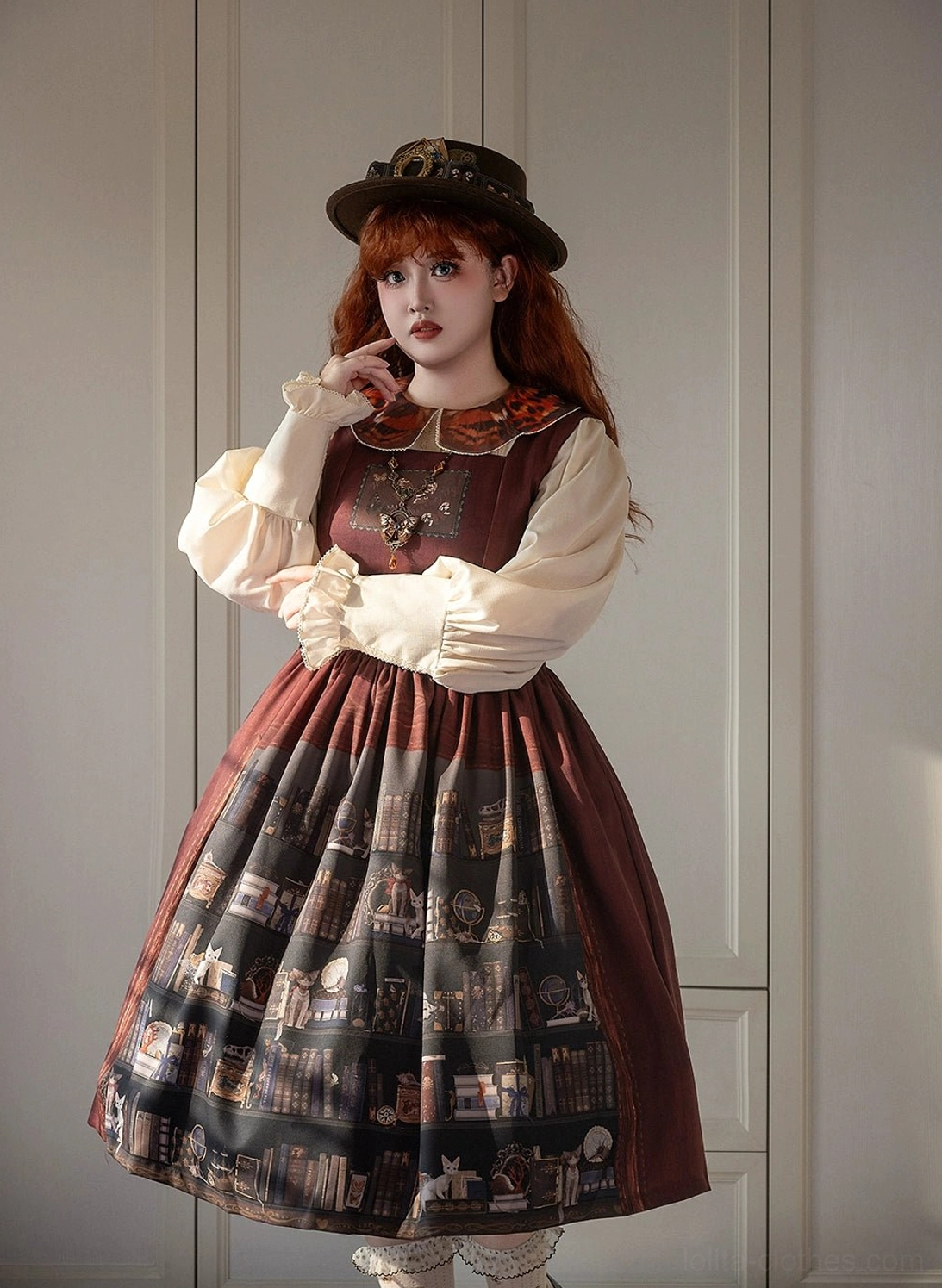 Burgundy classic Lolita JSK dress half body close up model wearing decorative brooch and hat