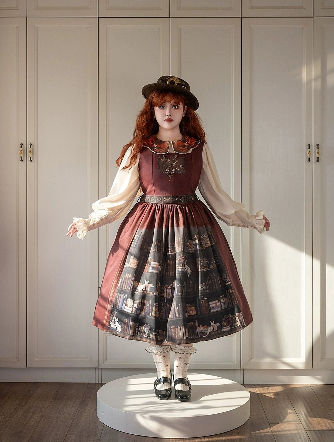 Classic Lolita JSK dress burgundy color option literary print pattern close-up