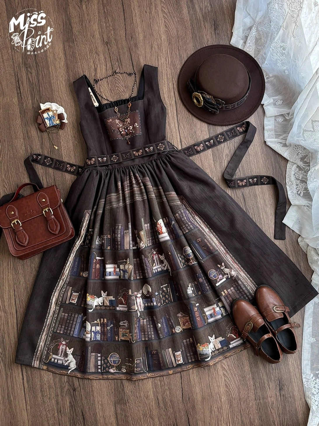 German Bookshelf Lolita jumper skirt dark brown burgundy rich autumn winter colors
