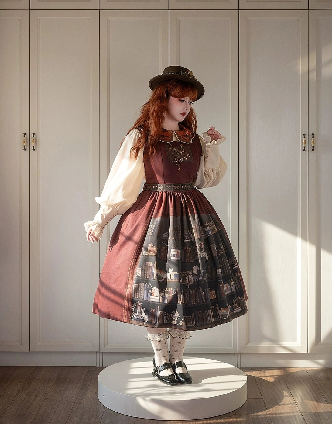German Bookshelf Lolita jumper skirt dark brown color print pattern texture detail