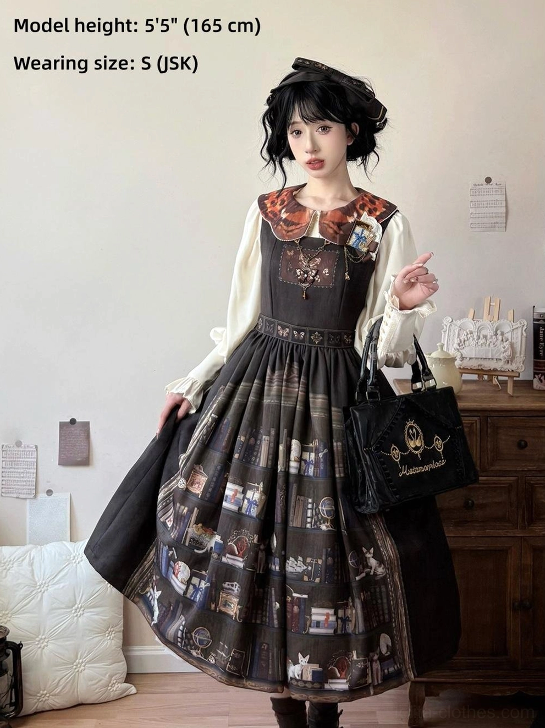 Dark brown classic Lolita JSK dress size S model 5 feet 5 inches with leather handbag vintage styling
