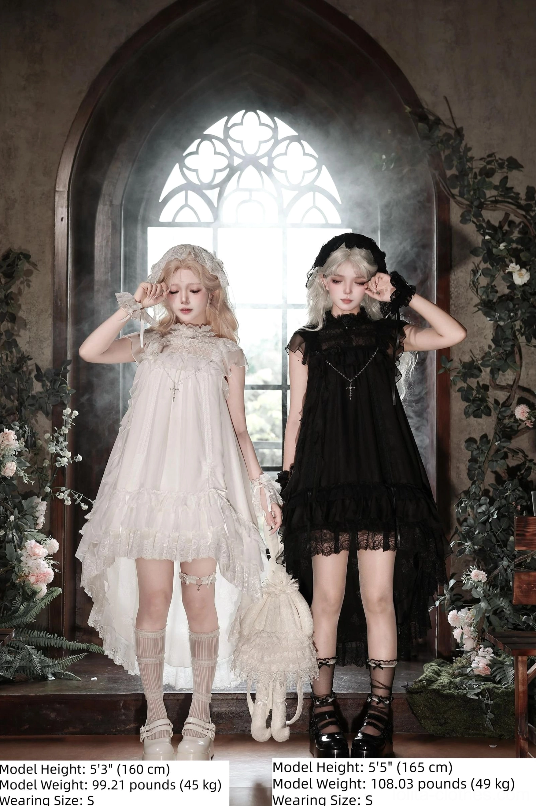Side by side comparison of black and white gothic lolita OP dresses with layered ruffled hems and matching pendant necklaces with model measurements