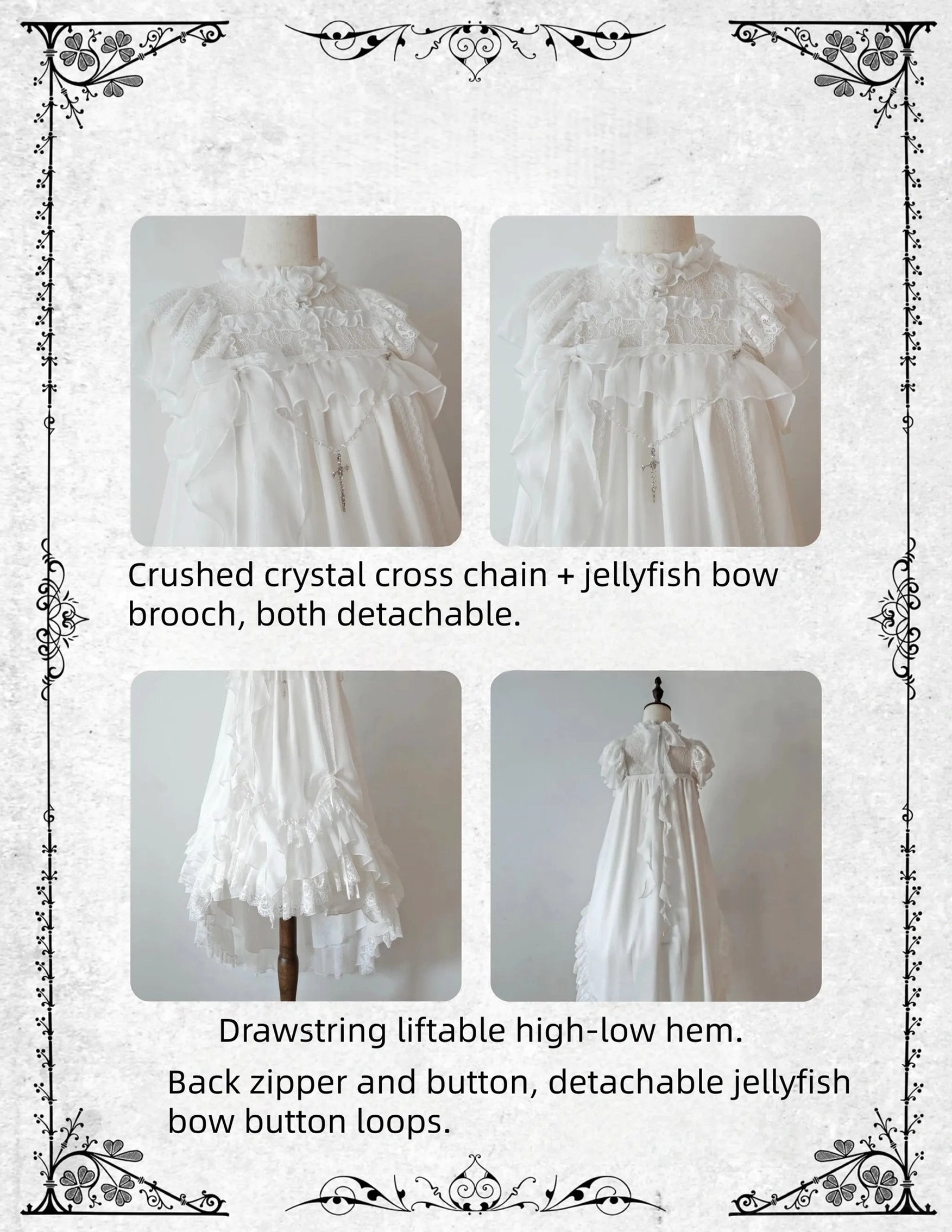 Product detail showcase featuring detachable crushed crystal cross pendant chain, jellyfish bow brooch, drawstring liftable high-low hem design, back zipper closure