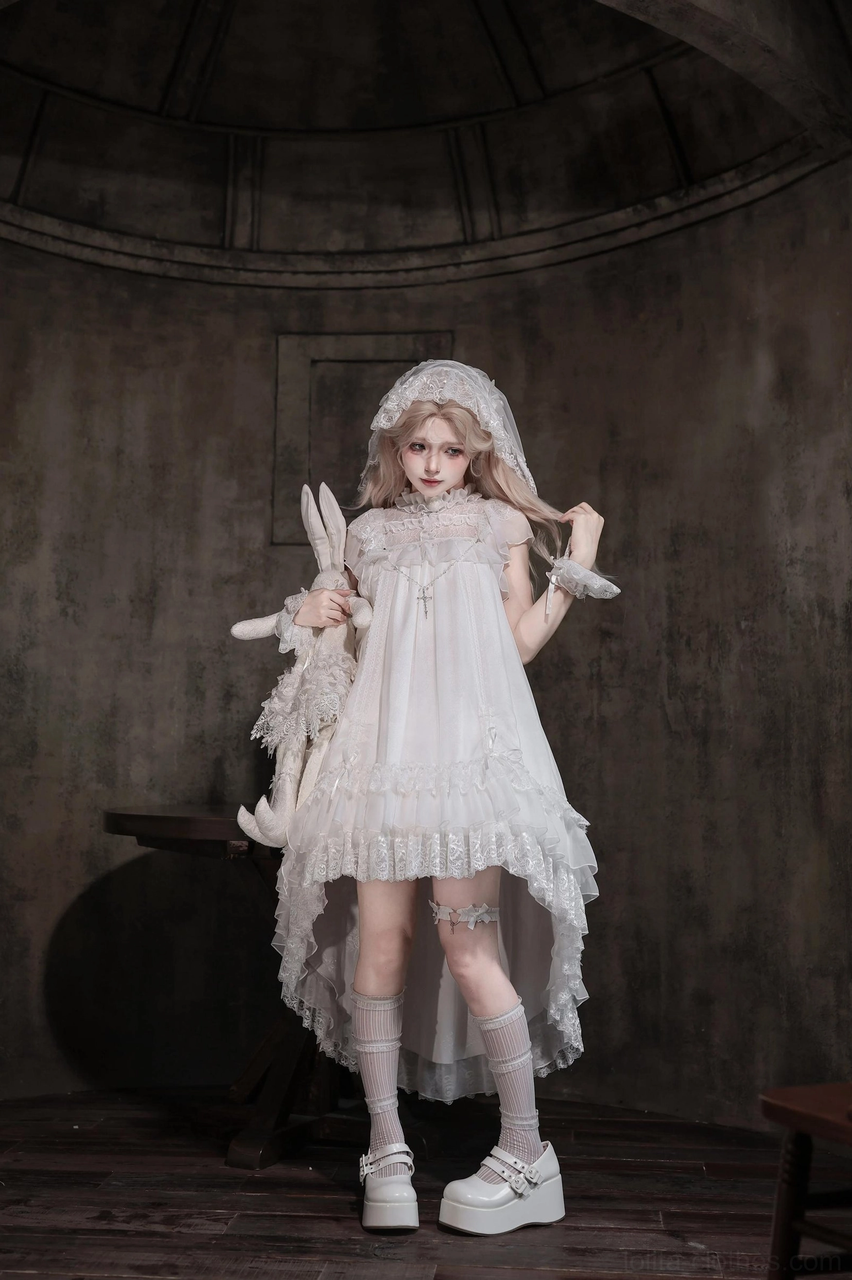 Ghost jellyfish inspired bow brooch detachable gothic lolita accessory with crushed crystal cross pendant chain details