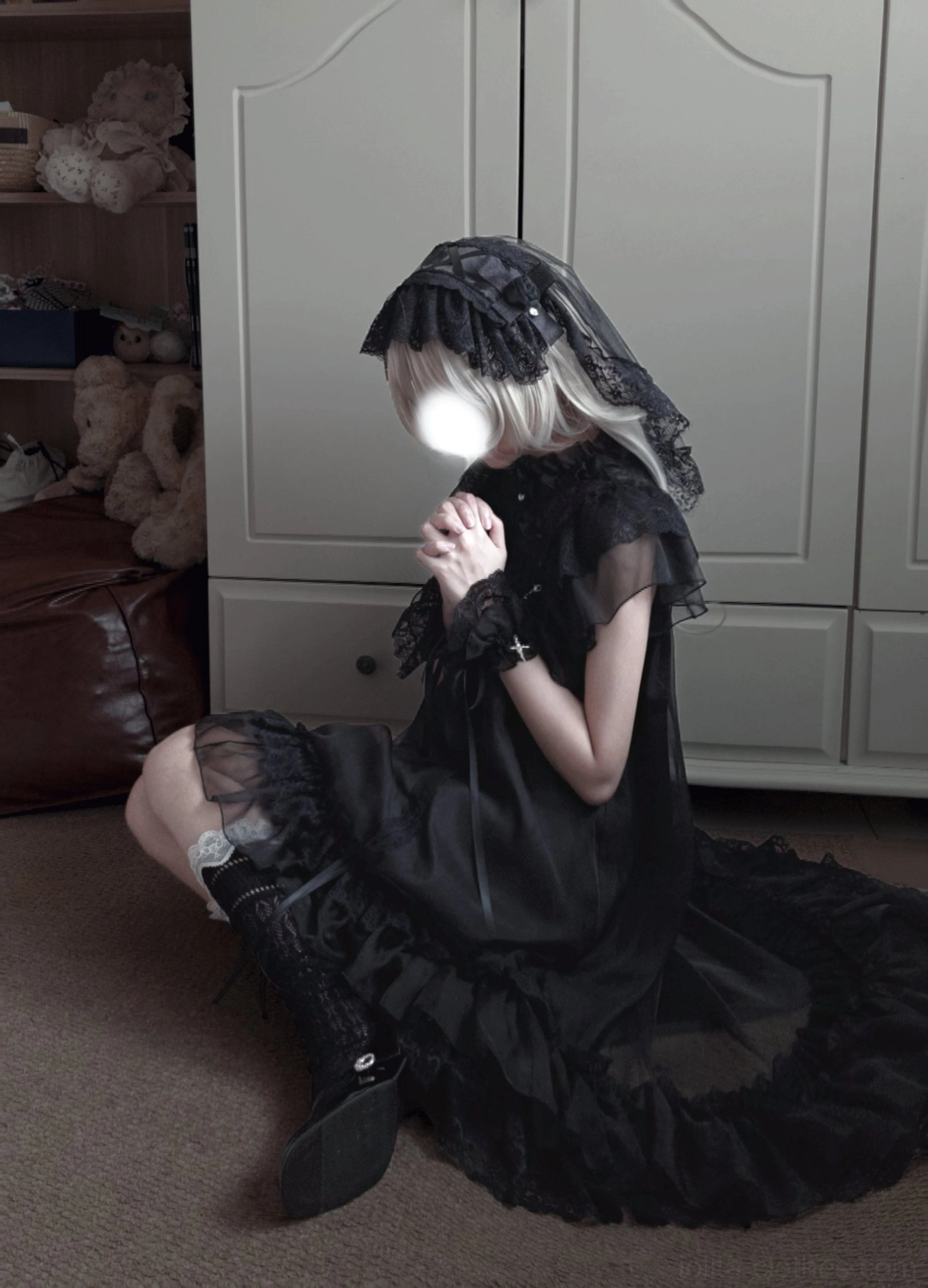 White gothic lolita OP dress with high-low chiffon hem featuring ruffled layers and elegant silhouette for lolita fashion enthusiasts