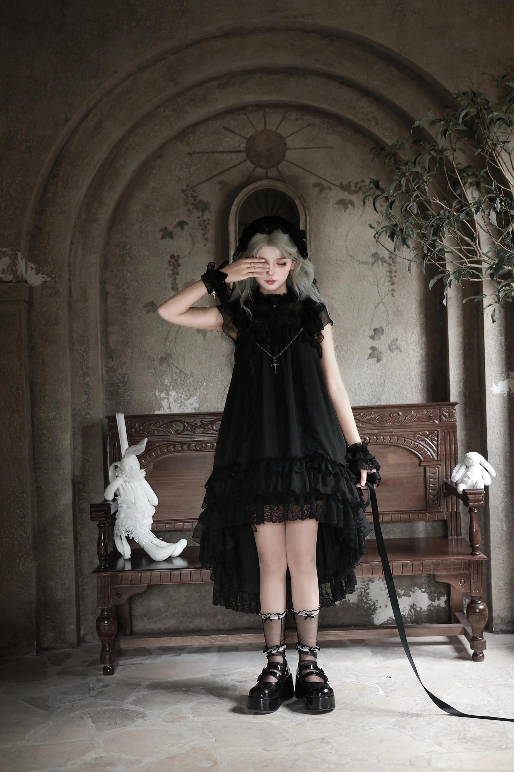 White gothic lolita wrist cuffs accessory pair with lace trim detailing for coordinated lolita outfit coordination and styling