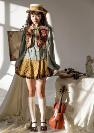 Complete Gilded Age Lolita outfit with floral tapestry vest, teal blouse, yellow pleated skirt, white stockings and Mary Jane shoes - full body vintage aesthetic