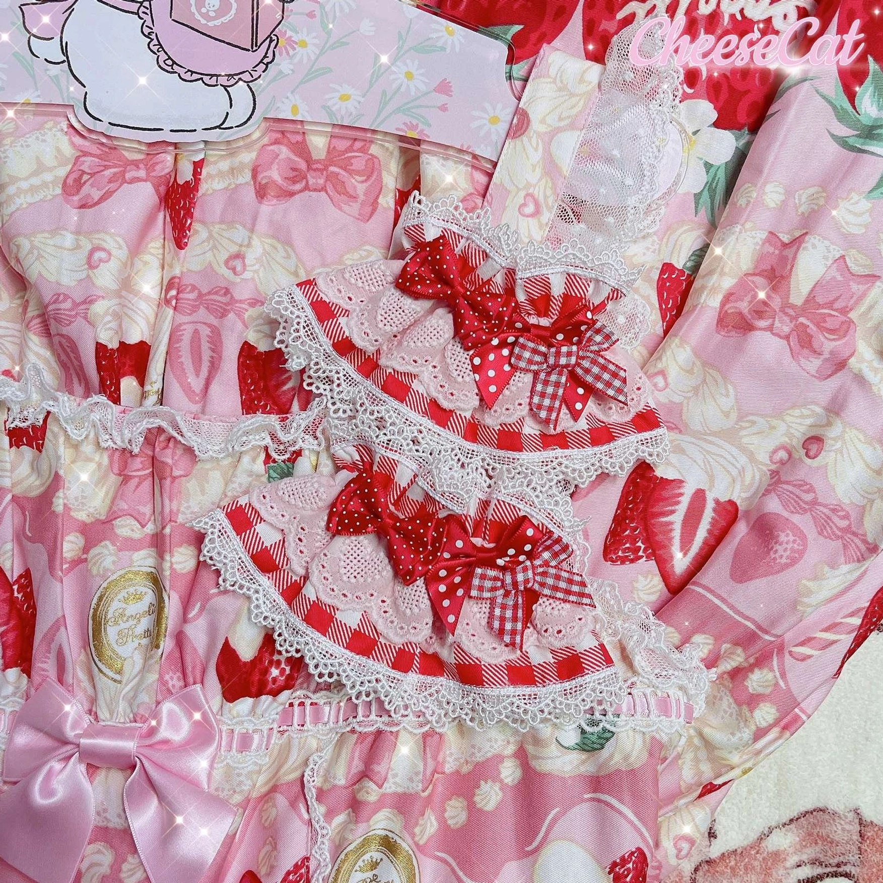 Sweet lolita gingham lace wrist cuff styled with vintage lolita inspired coordinate and period-appropriate accessories