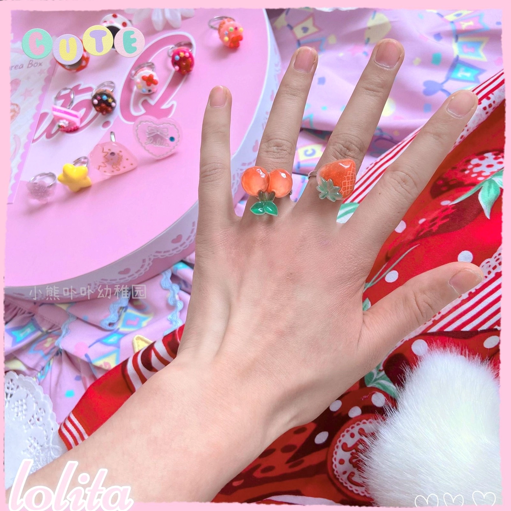 Collection of glossy dessert-themed lolita rings showing detailed candy colors and miniature food motif designs