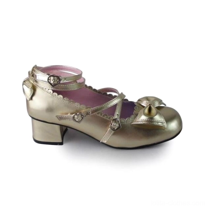 Gold metallic lolita tea party heels with premium finish, crossover heart-buckle straps, scalloped collar details, decorative elements, and comfortable 4.5cm heel height