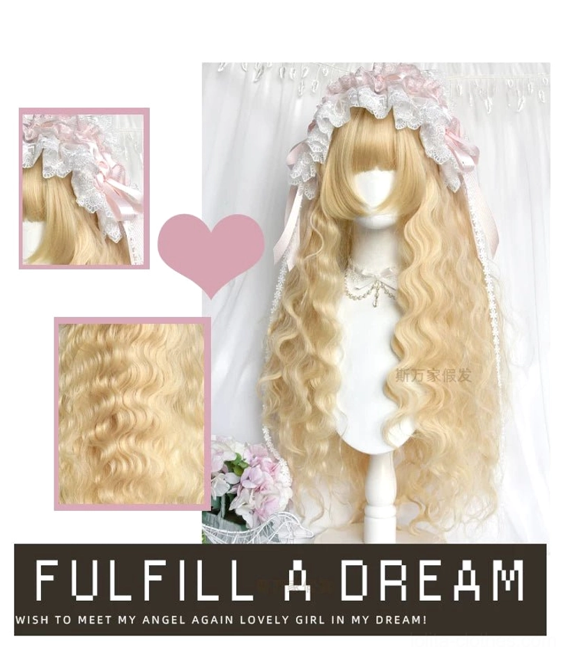 Front full display of golden blonde long curly Lolita wig with blunt bangs and comic sideburns paired with black lace headband on simple wall background
