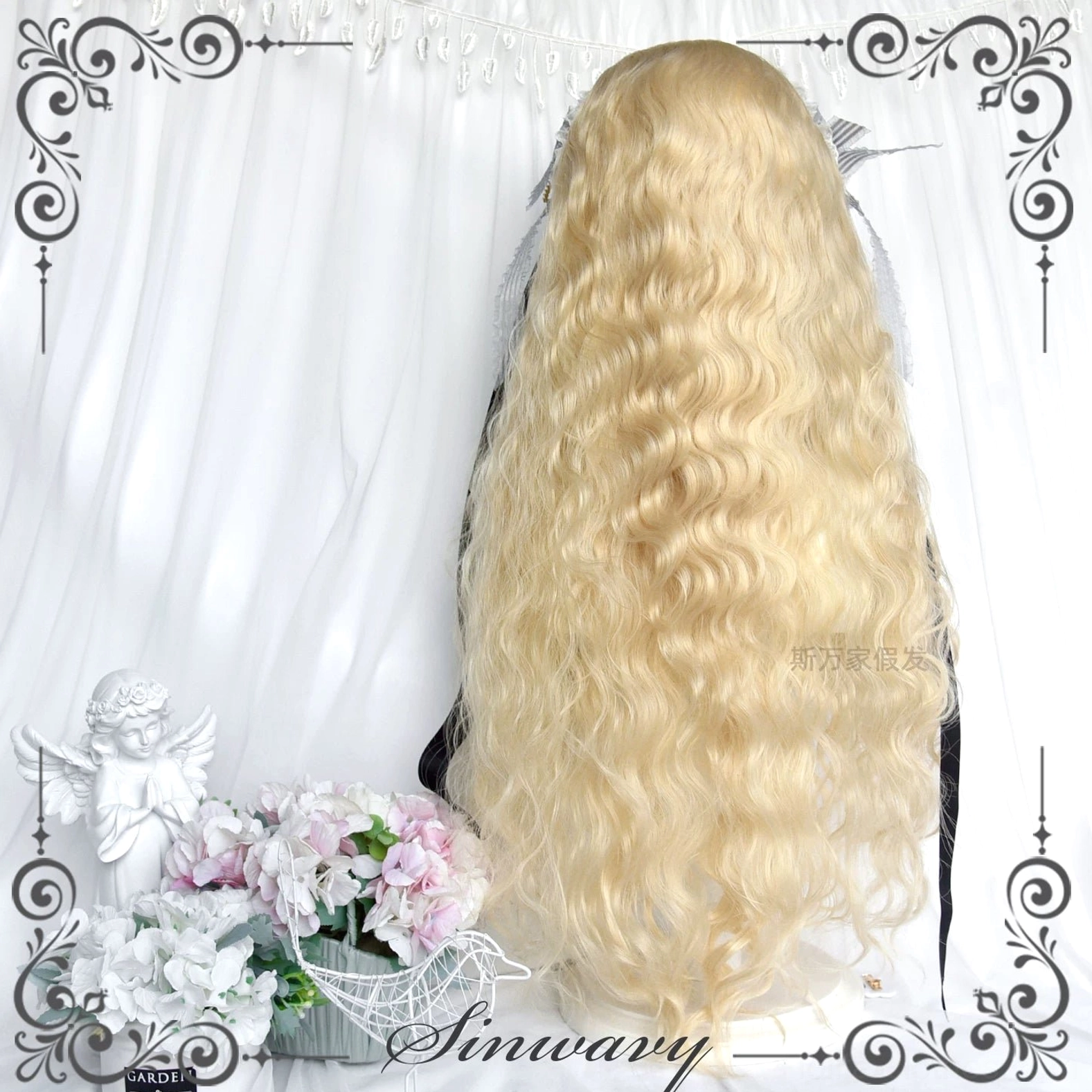 Back view of long golden blonde curly Lolita wig showing full length, neat back hairline, and flowing wave pattern on mannequin head