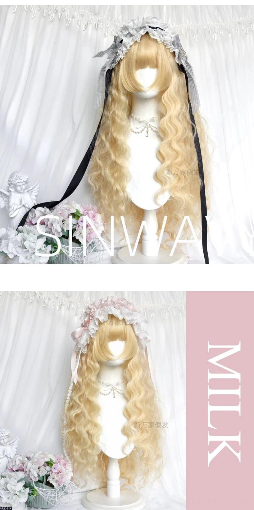 Golden blonde long curly Lolita synthetic wig with layered bangs and comic sideburns, detailed full-length view highlighting doll-like design and wave texture