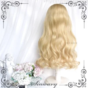 Back view of long loose wavy blonde Lolita synthetic wig showing full hair volume and natural soft curly texture against pure white background