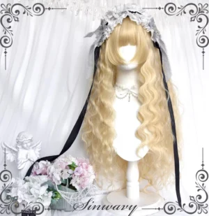 Golden blonde long curly Lolita wig with blunt layered bangs and comic sideburns displayed on mannequin head with black lace headband, white floral backdrop and angel ornament