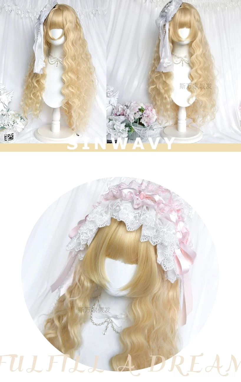 Promotional composite shot of long curly blonde Lolita wig with pink headband featuring small detail insets and inspiring text, showcasing styling versatility and aesthetic appeal