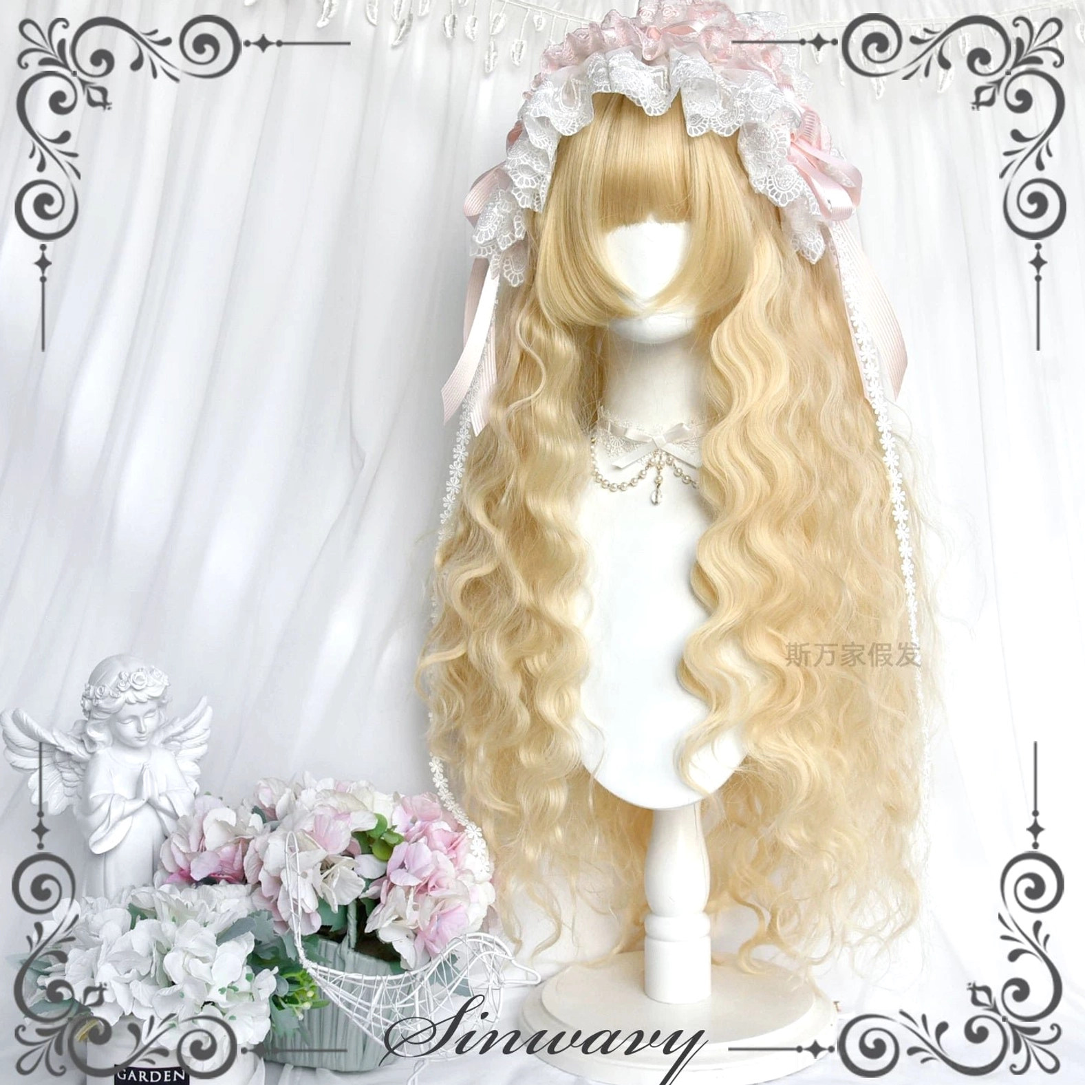 Front display of long wavy blonde Lolita wig with blunt bangs, loose curls paired with pink lace headband, showcasing sweet Lolita styling coordination