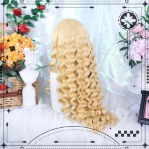 Golden blonde long Roman curl lolita wig featuring thick tight spiral curls displayed on mannequin head with wicker flower basket and red yellow floral arrangements