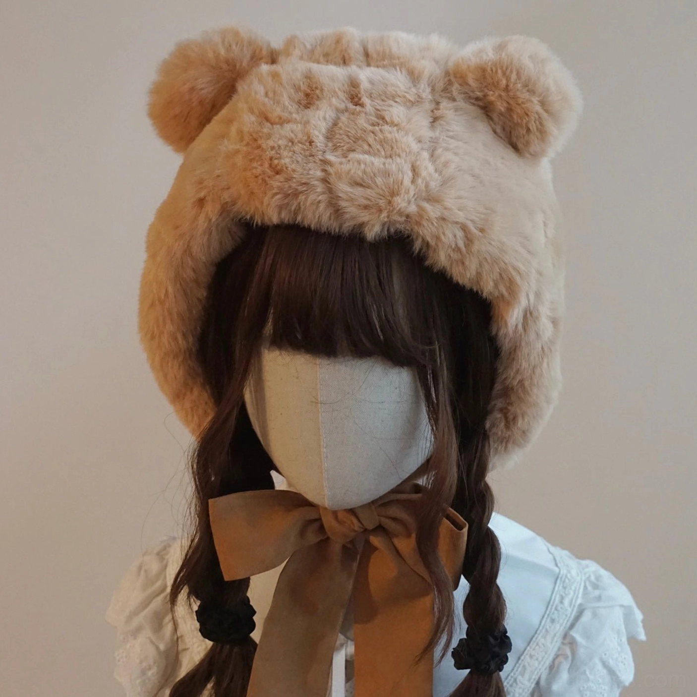Tan golden brown bear ear fluffy hooded lolita hat with full hood coverage and 3D bear ears classic sweet lolita